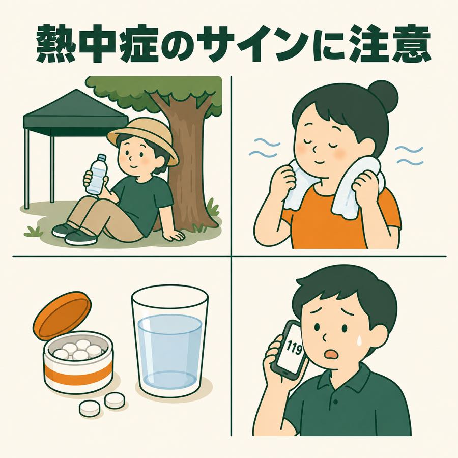 熱中症のサインに注意。日陰と帽子、首を冷やす、水分と塩分、119番
