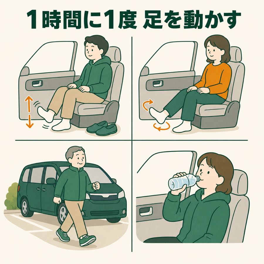 1時間に1度、足を動かす。かかとの上下運動、足首回し、歩行、水分補給